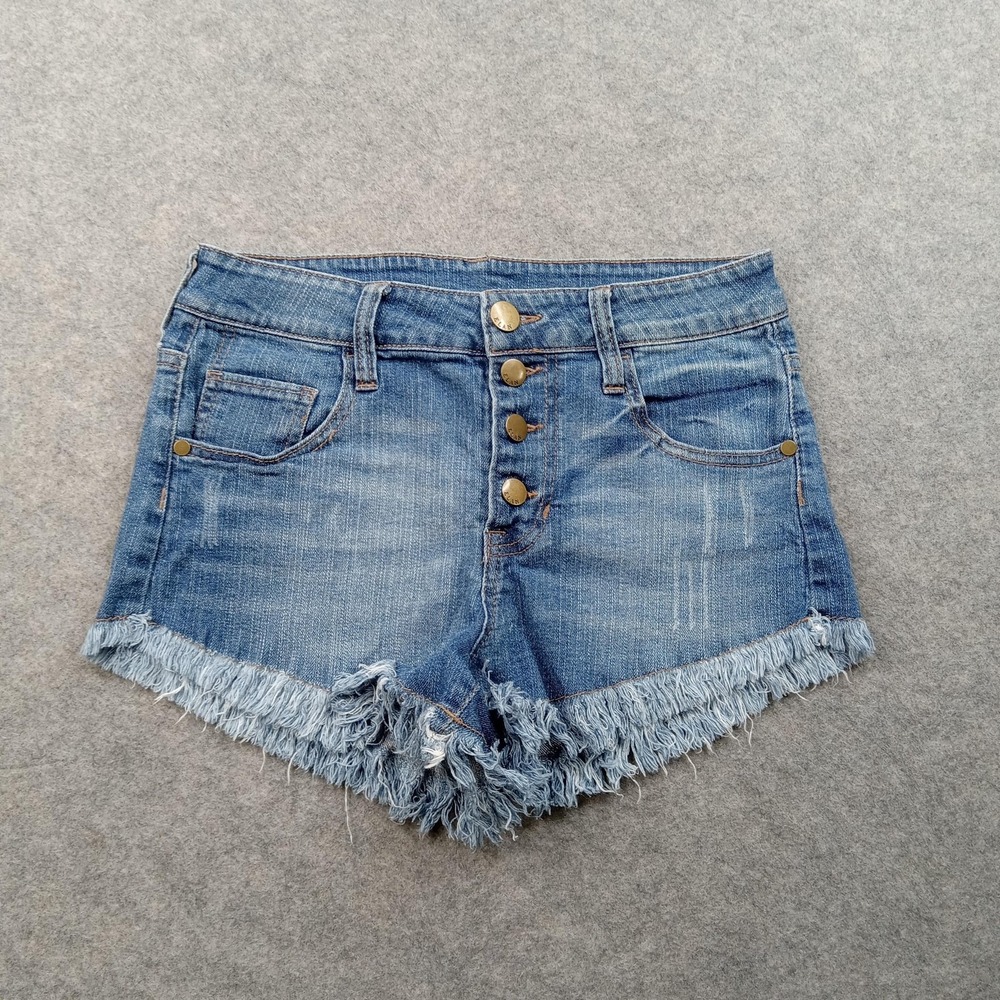Elan‎ Shorts Womens Medium Blue Denim Button Fly Cutoff Frayed Hem Stretch Jean